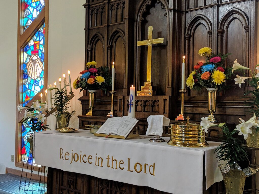 The church altar decorated for Easter.